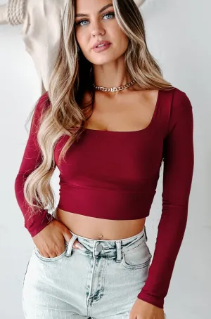 Glad You Stayed Square Neck Long Sleeve Crop Top (Cabernet)