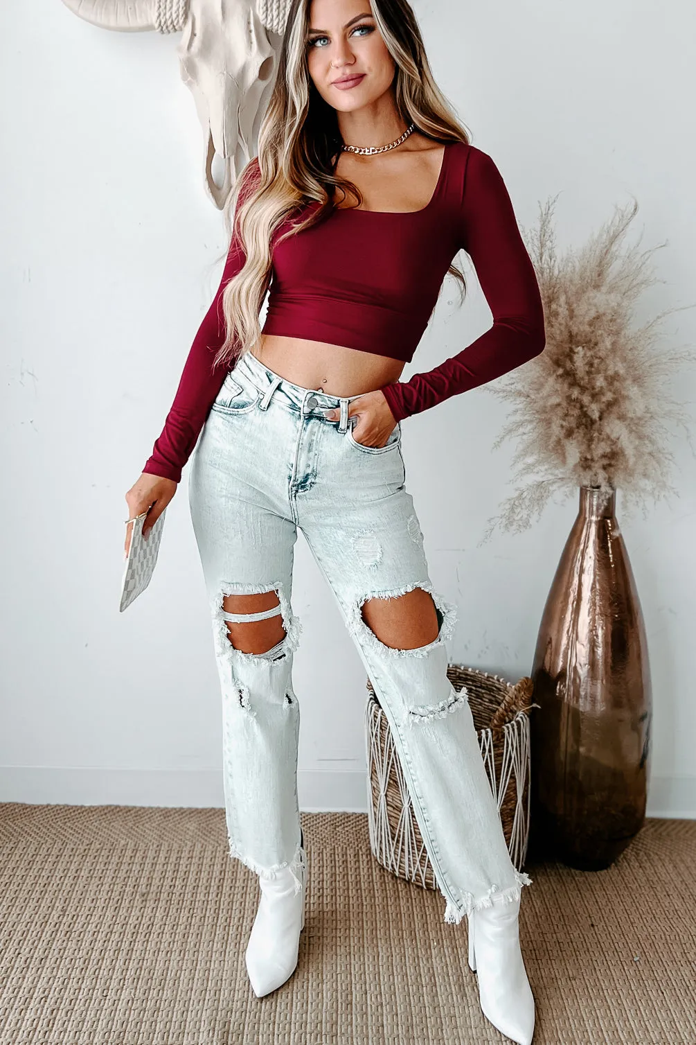 Glad You Stayed Square Neck Long Sleeve Crop Top (Cabernet)
