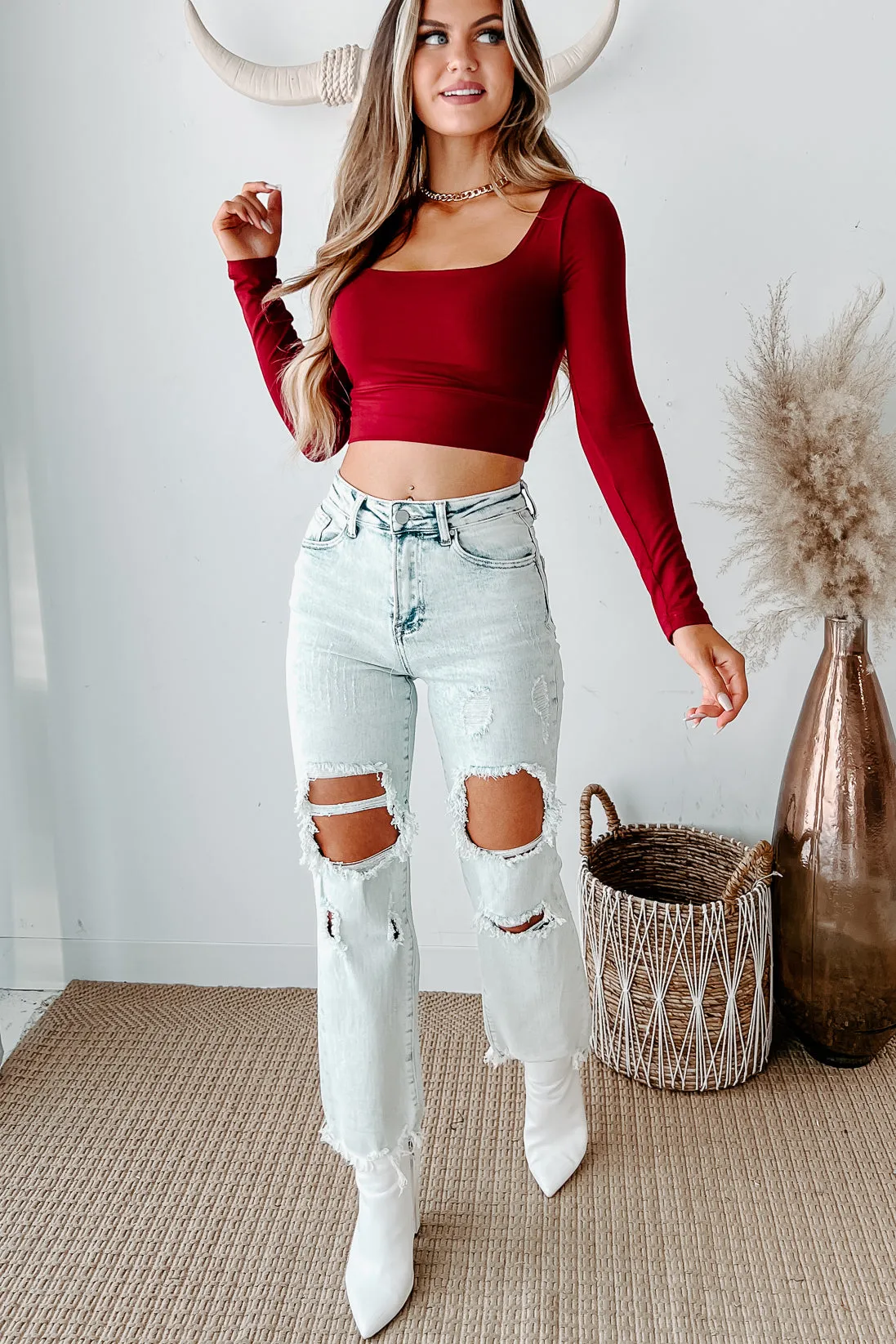 Glad You Stayed Square Neck Long Sleeve Crop Top (Cabernet)