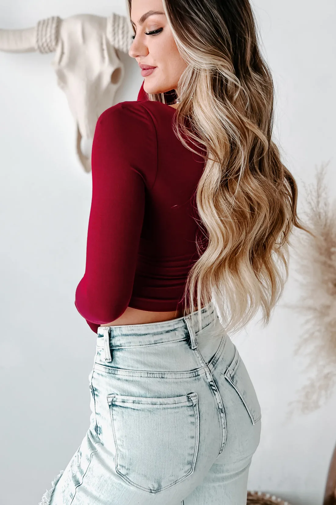 Glad You Stayed Square Neck Long Sleeve Crop Top (Cabernet)