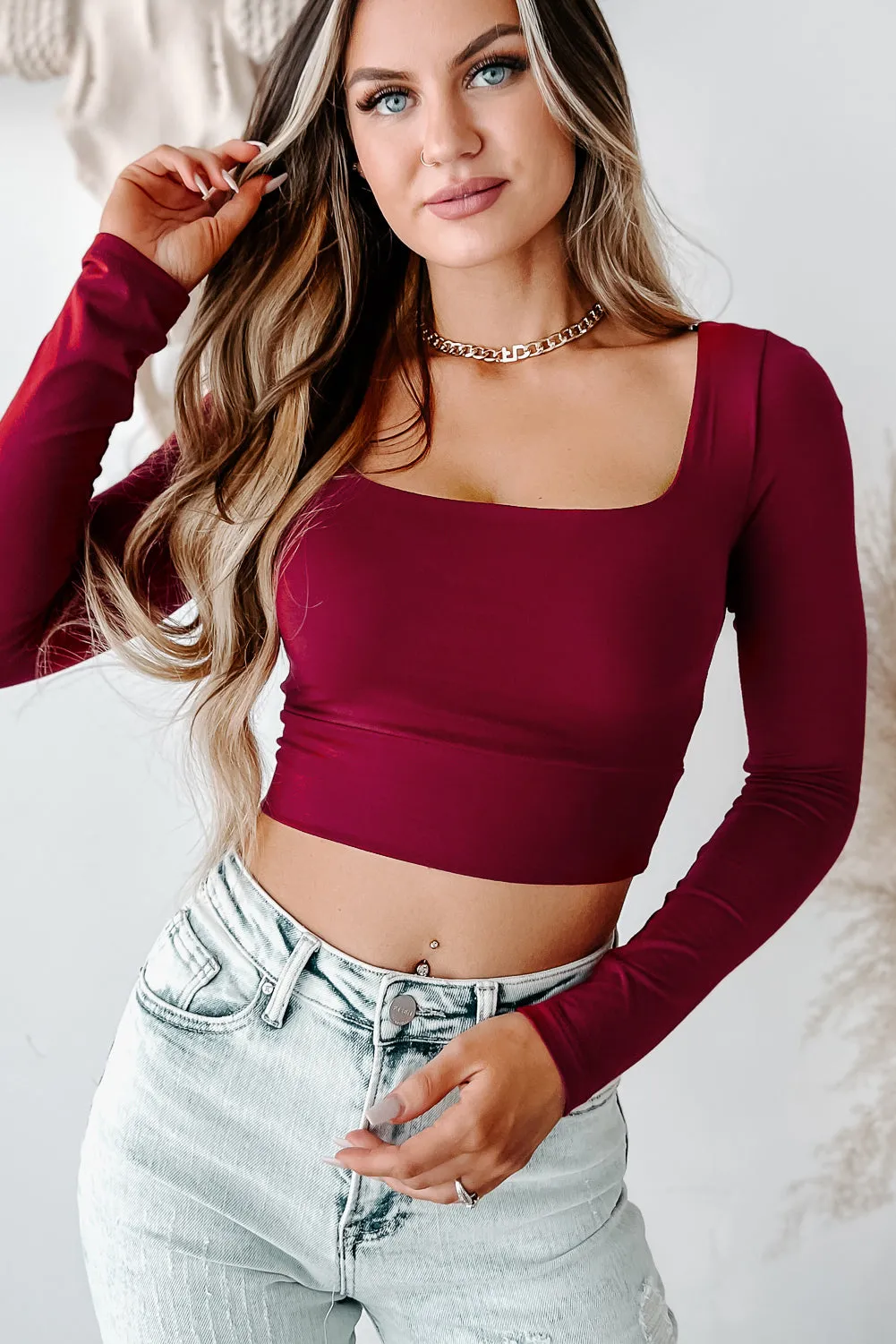 Glad You Stayed Square Neck Long Sleeve Crop Top (Cabernet)