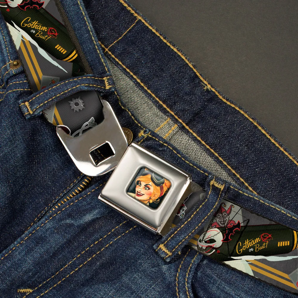 Harley Quinn Bombshell Pin-Up Face Full Color Seatbelt Belt - Harley Quinn Aviation Pin-Up Pose/GOTHAM OR BUST Webbing