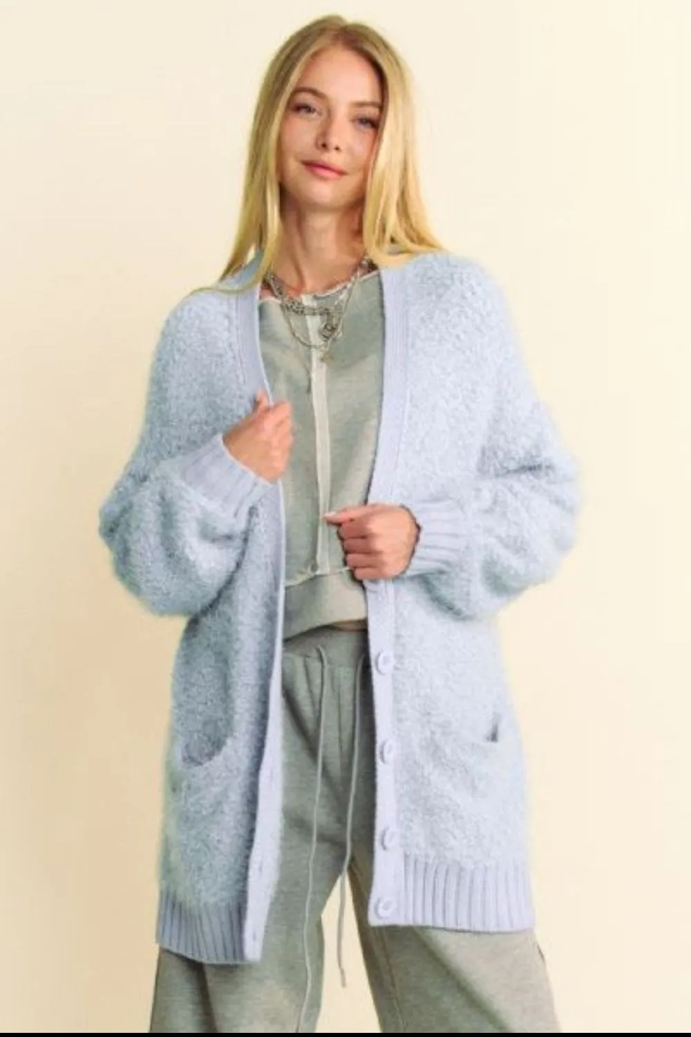 Hazel Blues® |  Davi & Dani Ribbed Hem Button Up Long Sleeve Cardigan