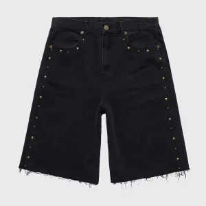 Homme   Femme "Studded" Denim Shorts - Black Stone Wash