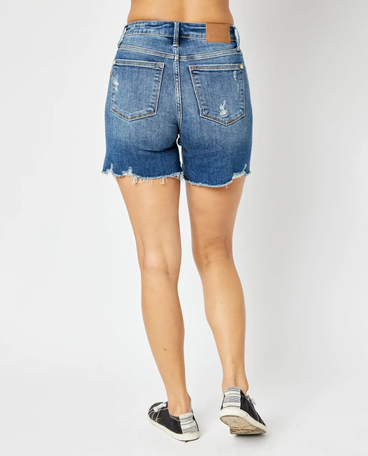 Judy Blue Mid Rise Hi-Lo Cut Hem & Destroy Shorts