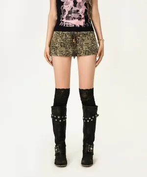 Leopard Snake Print Drawstring Semi-Flare Shorts