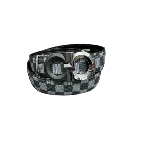 Men's Grey and Black Plaid Leather Belt Sliver Buckle Fashion Design