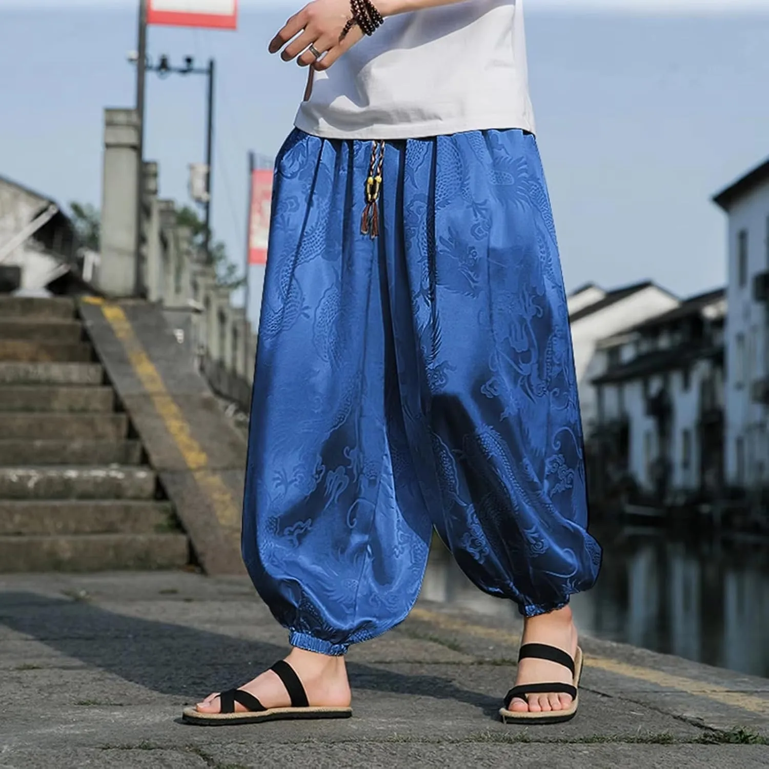 Mens Summer Ice Silk Harem Pants Men Loose Baggy Pants Retro Jogging Loose Pants Male
