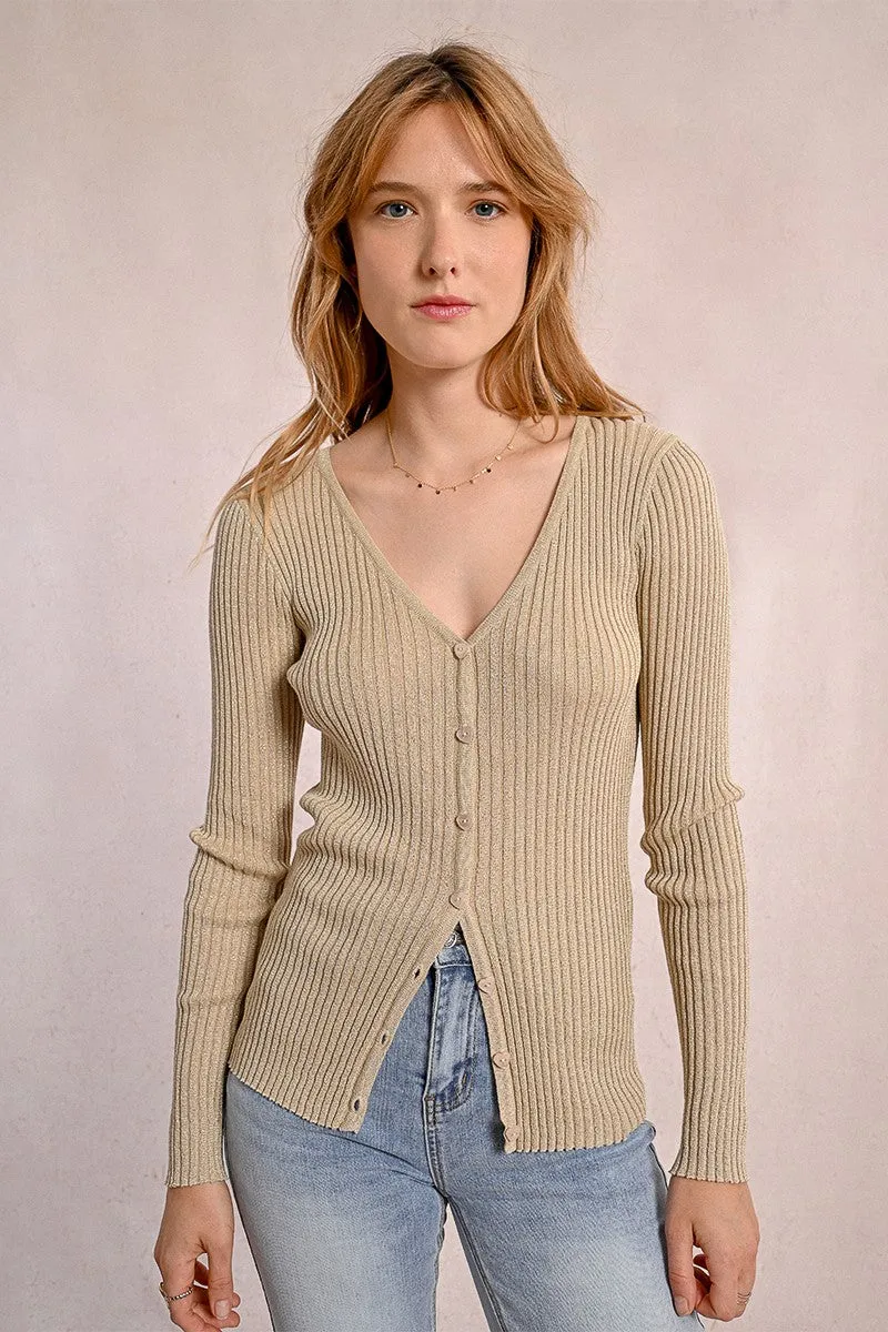 Molly Bracken V-Neck Ribbed Knit Cardigan