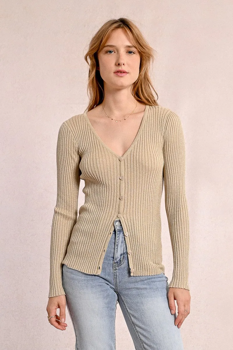 Molly Bracken V-Neck Ribbed Knit Cardigan