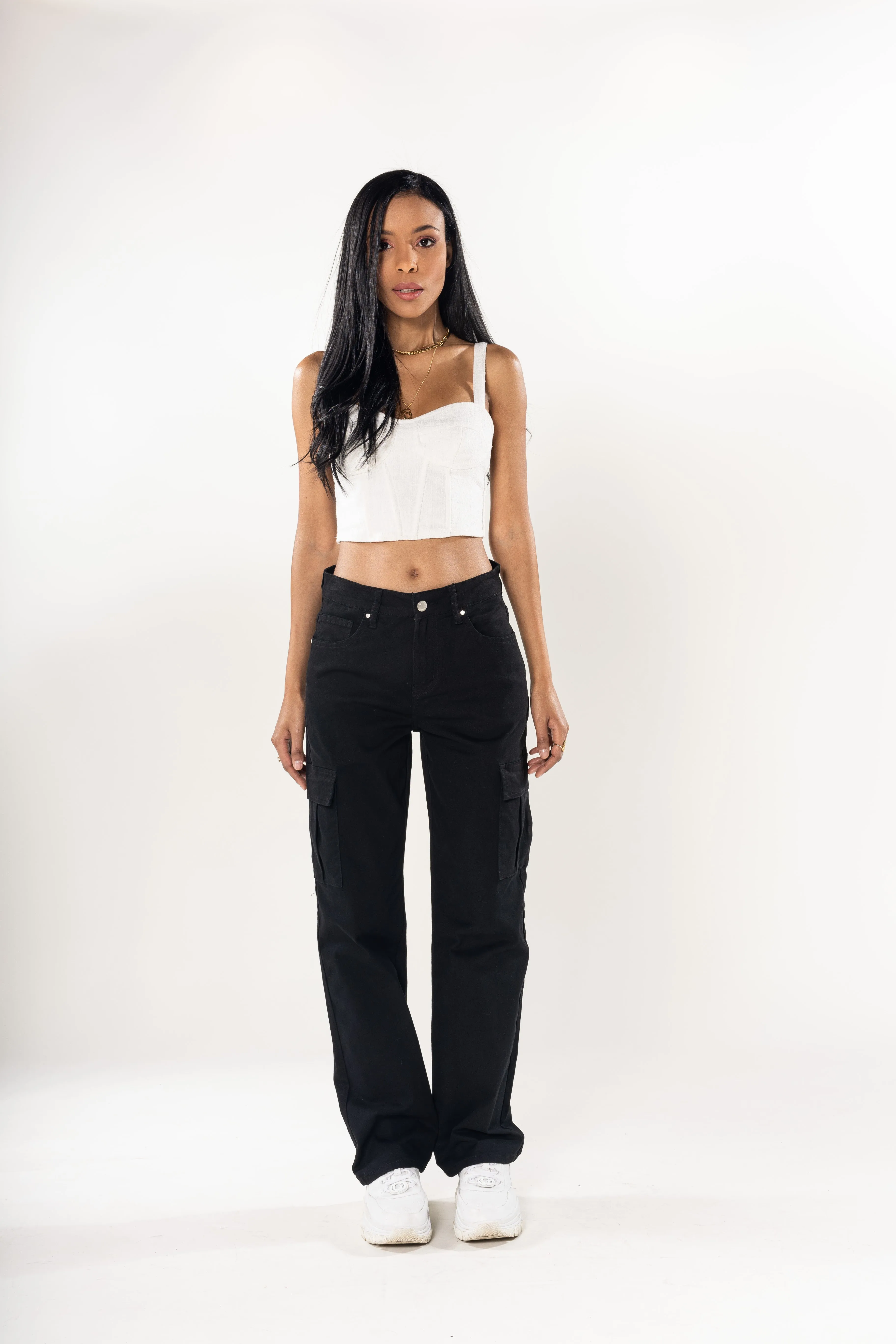 NoirFlex High-Waist Plus Size Bootcut Cargo Jeans – Black
