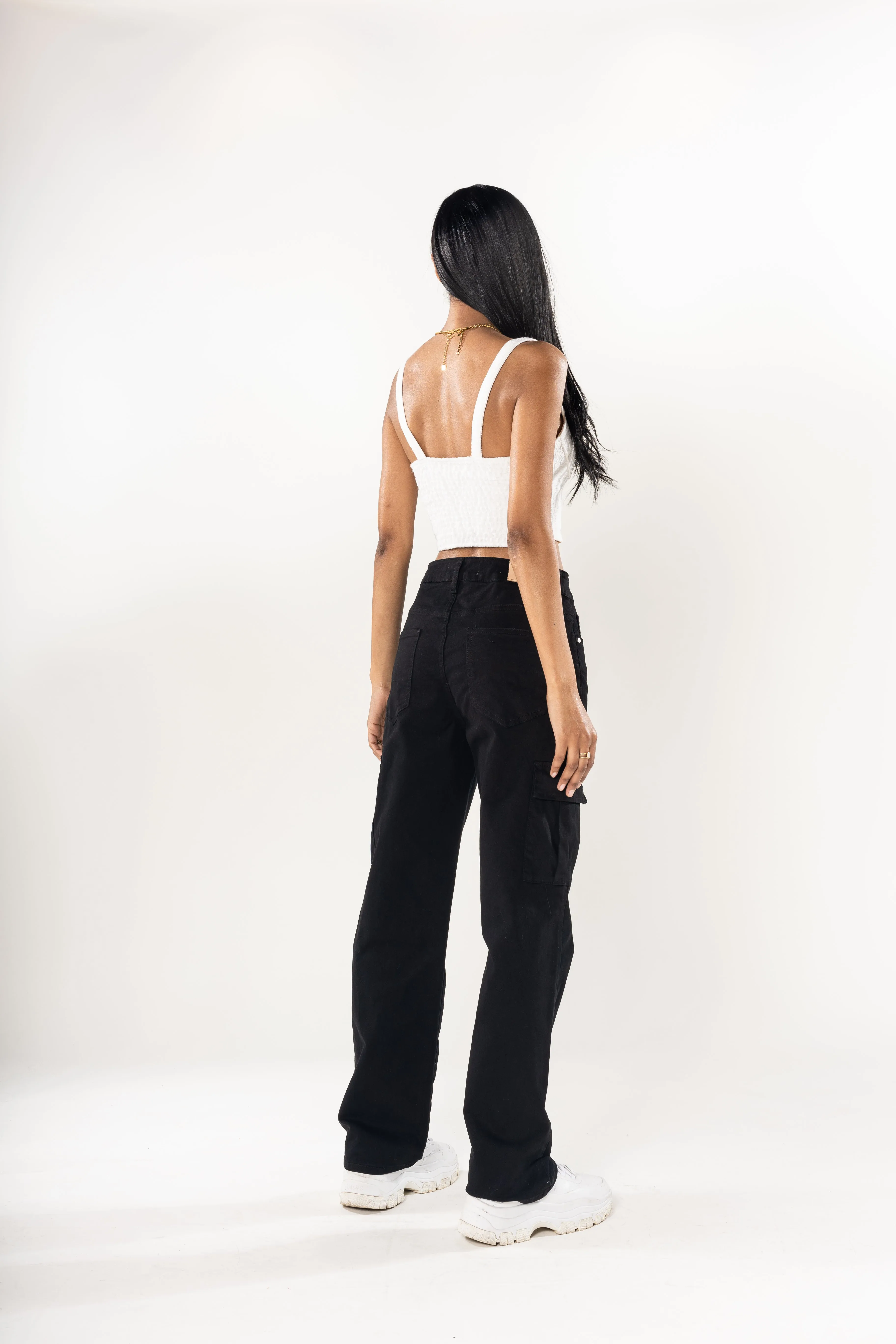 NoirFlex High-Waist Plus Size Bootcut Cargo Jeans – Black