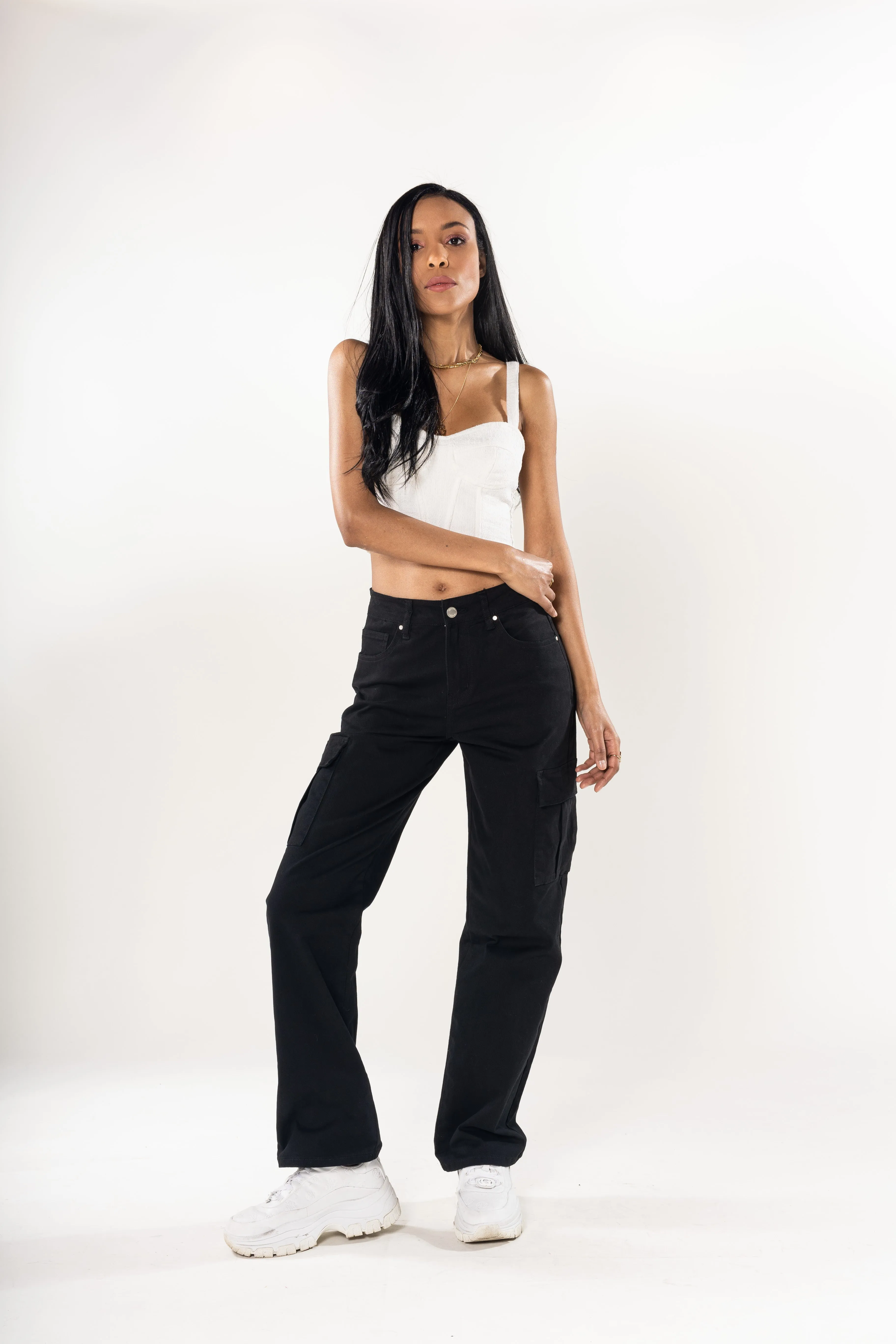 NoirFlex High-Waist Plus Size Bootcut Cargo Jeans – Black