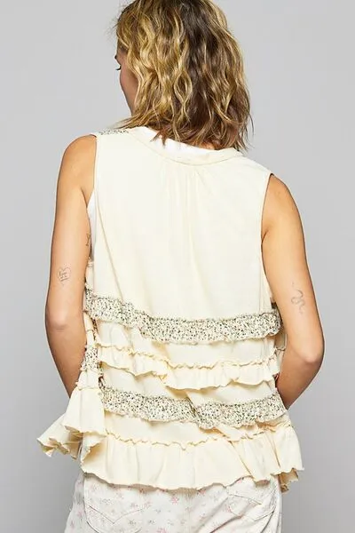 POL Cream  Ruffled Open Front Sleeveless Cardigan