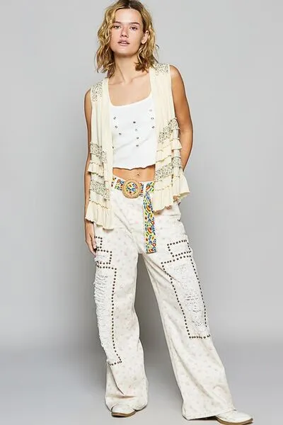 POL Cream  Ruffled Open Front Sleeveless Cardigan