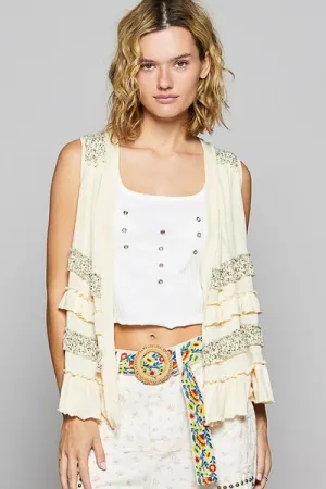 POL Cream  Ruffled Open Front Sleeveless Cardigan