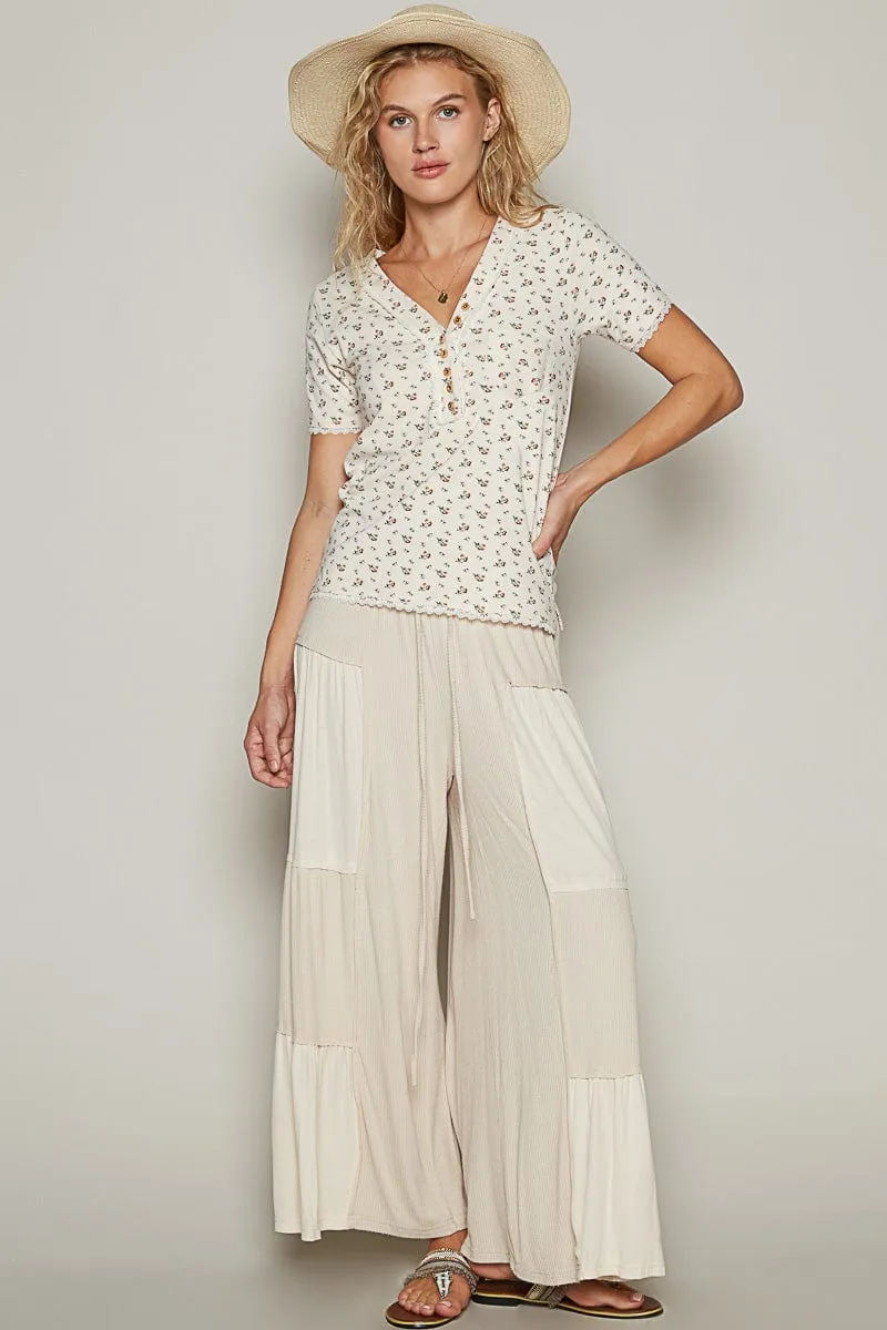 POL Loose Knit Wide Leg Ribbed Fabric Panel Pants