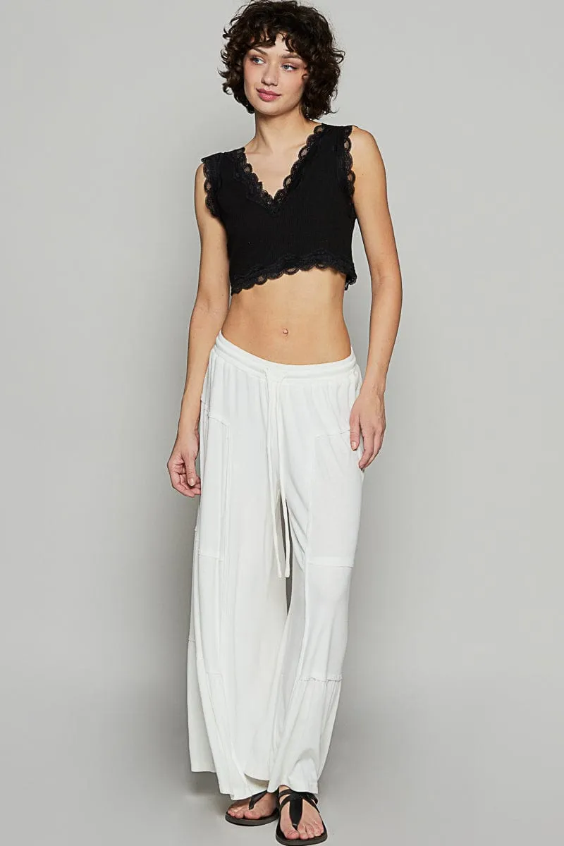 POL Loose Knit Wide Leg Ribbed Fabric Panel Pants