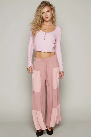 POL Loose Knit Wide Leg Ribbed Fabric Panel Pants