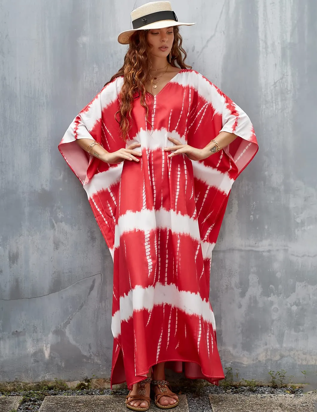 Red V-Neck Print Beach Kaftan Dress Cover-Up