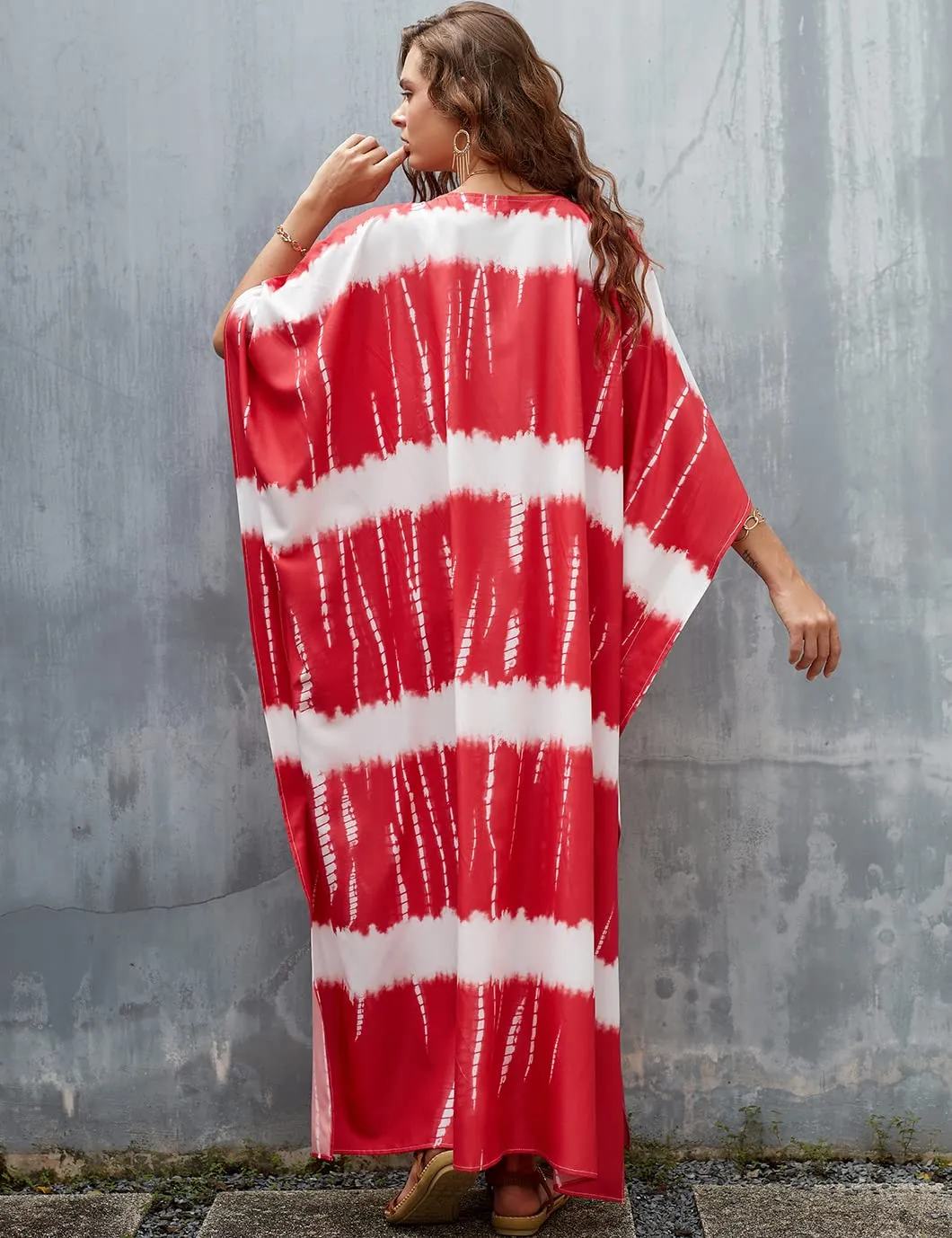 Red V-Neck Print Beach Kaftan Dress Cover-Up