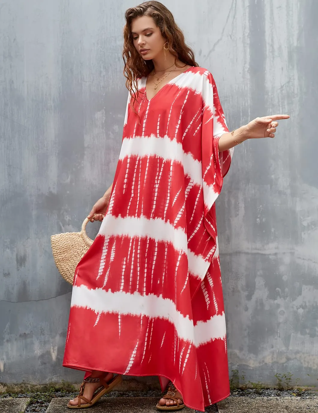 Red V-Neck Print Beach Kaftan Dress Cover-Up