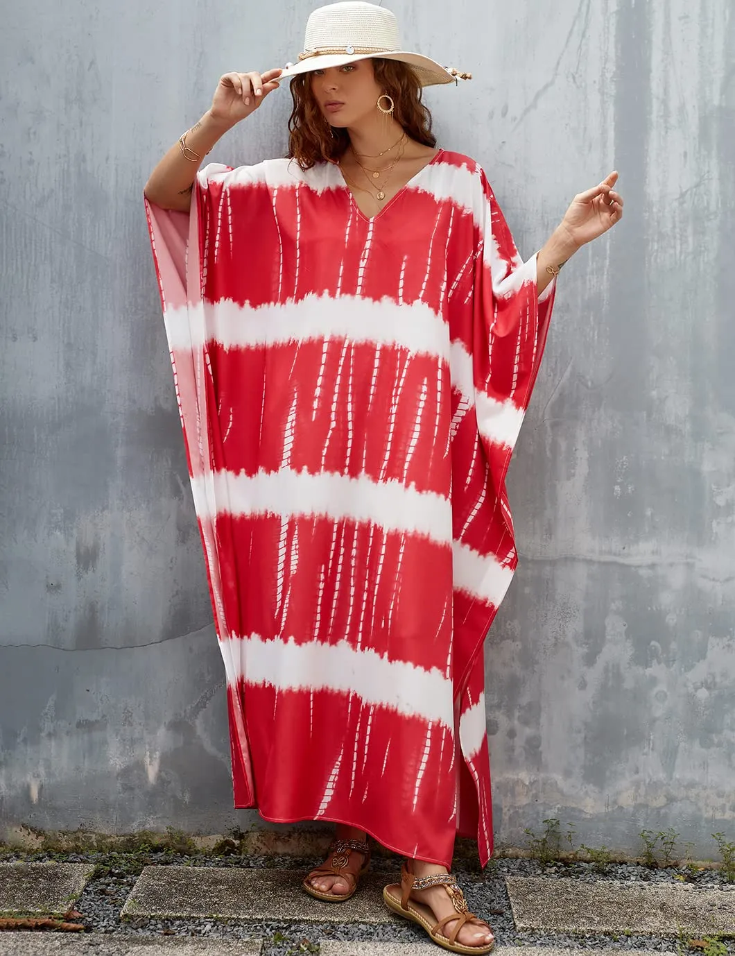 Red V-Neck Print Beach Kaftan Dress Cover-Up