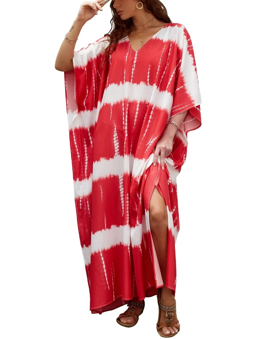 Red V-Neck Print Beach Kaftan Dress Cover-Up