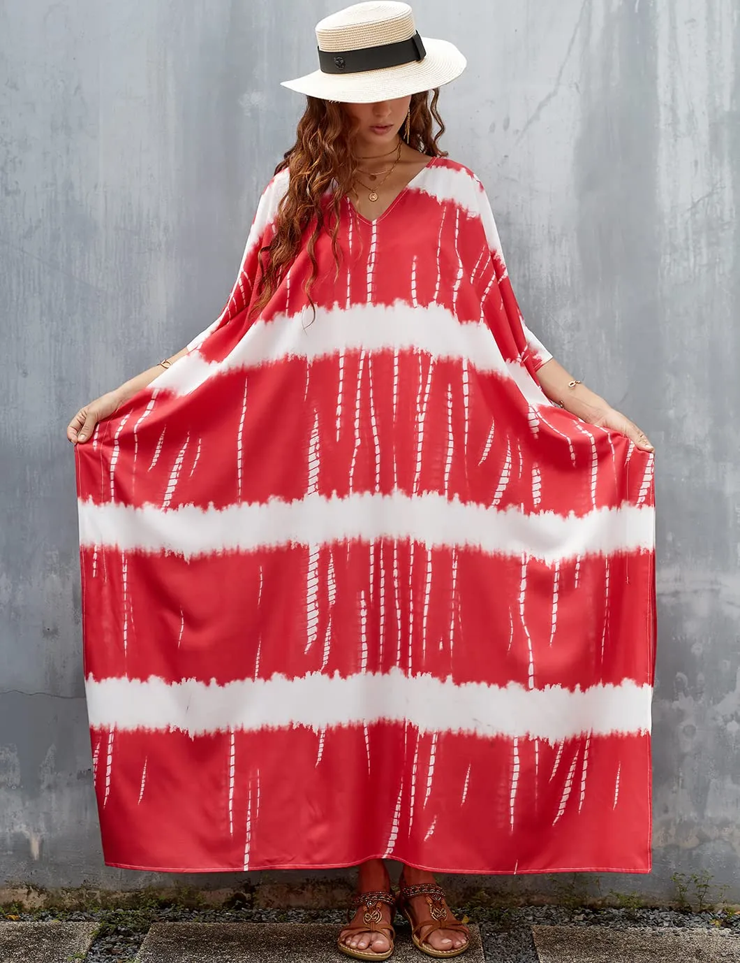 Red V-Neck Print Beach Kaftan Dress Cover-Up