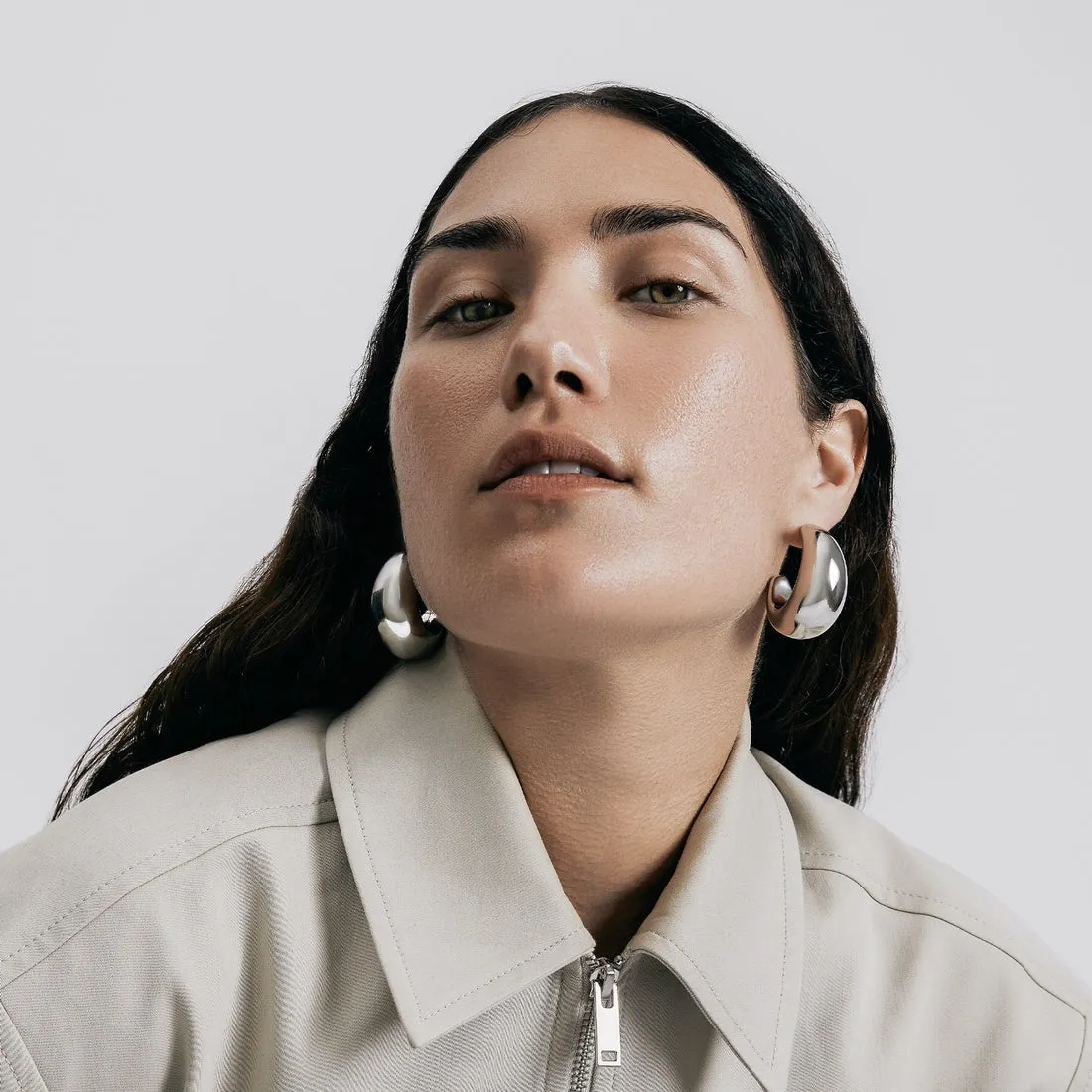 Rhodium Silver Chunky Tsuki Hoop Earrings