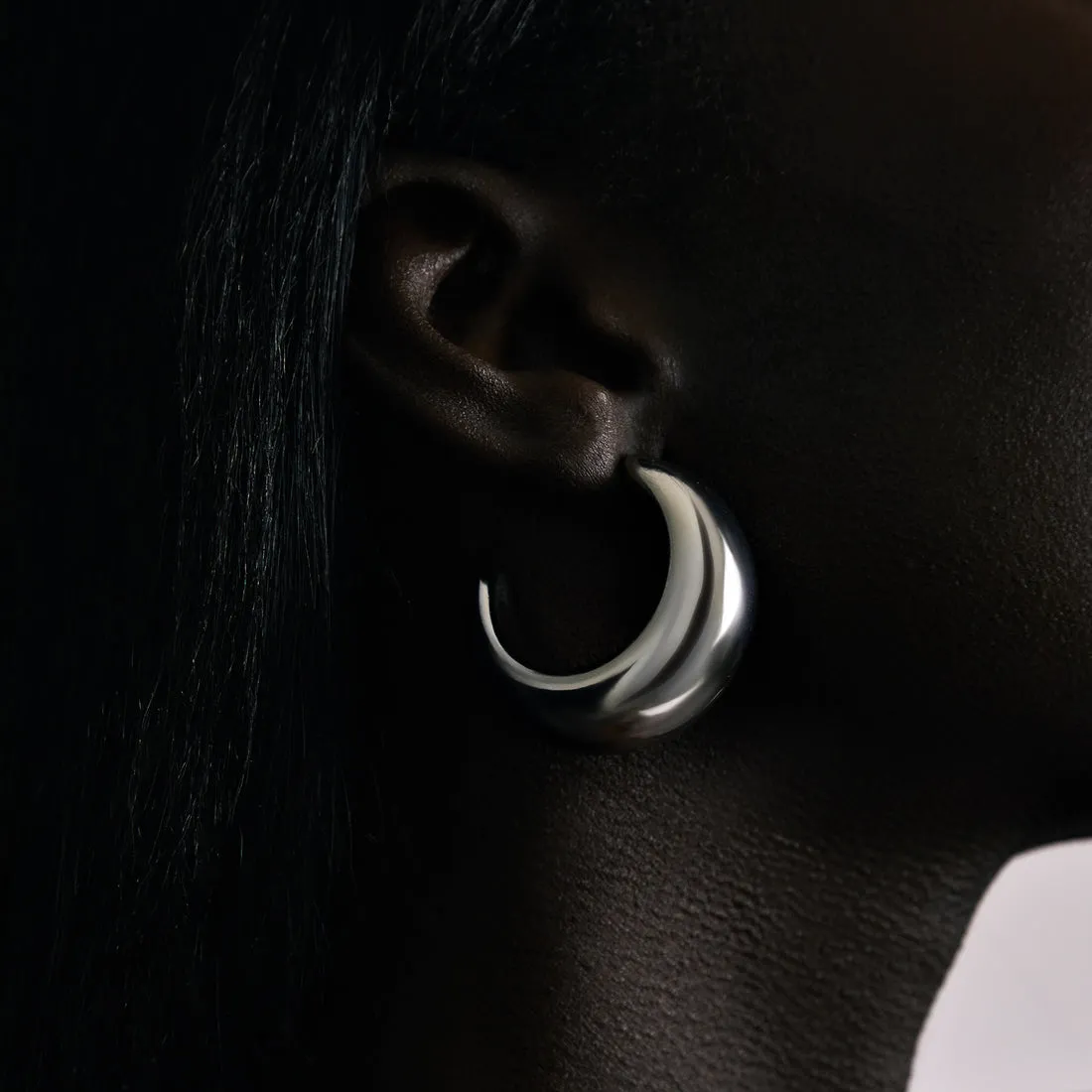 Rhodium Silver Chunky Tsuki Hoop Earrings