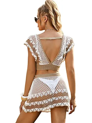 SheIn Women's Crochet Hollow Out Cover Up Set Tie Front V Neck Beach Coverups Swimsuit Khaki and White Medium