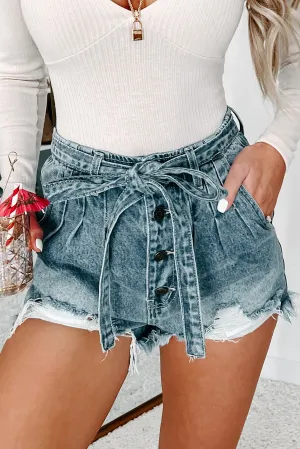 She's Unforgettable Tie-Waist Button-Fly Distressed Denim Shorts (Medium)