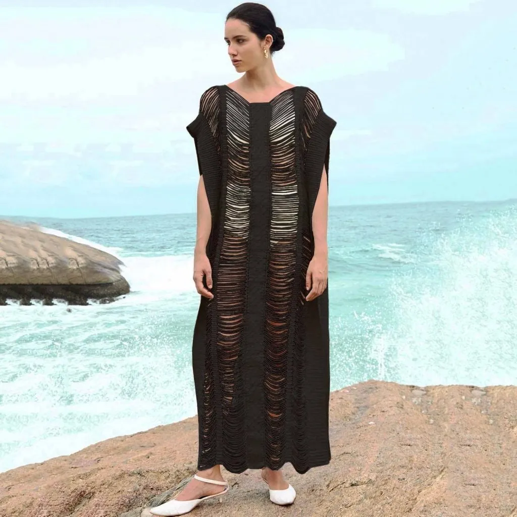 Side Split Swimsuit Long Black/White Crochet Dress
