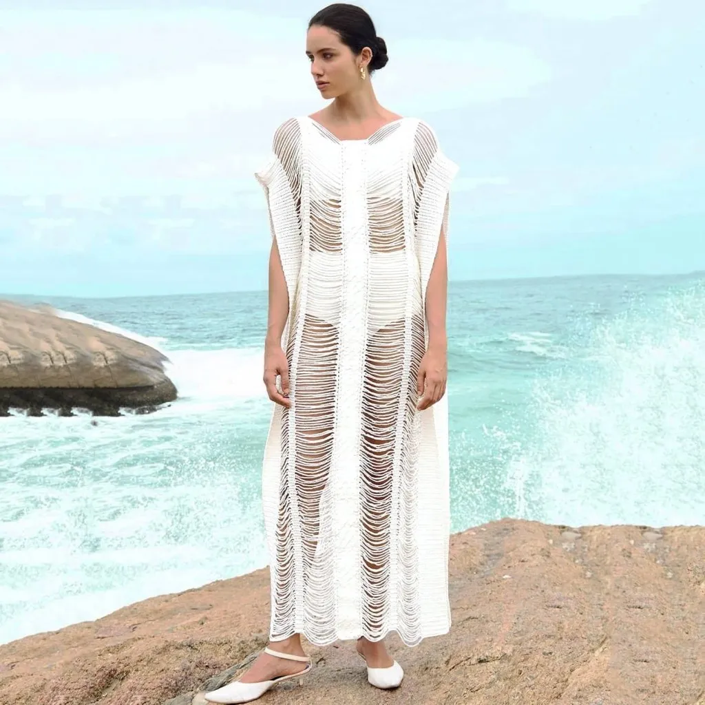 Side Split Swimsuit Long Black/White Crochet Dress