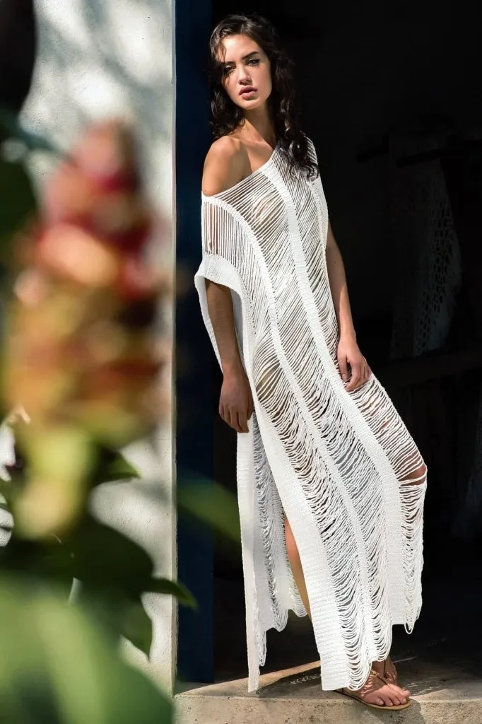 Side Split Swimsuit Long Black/White Crochet Dress