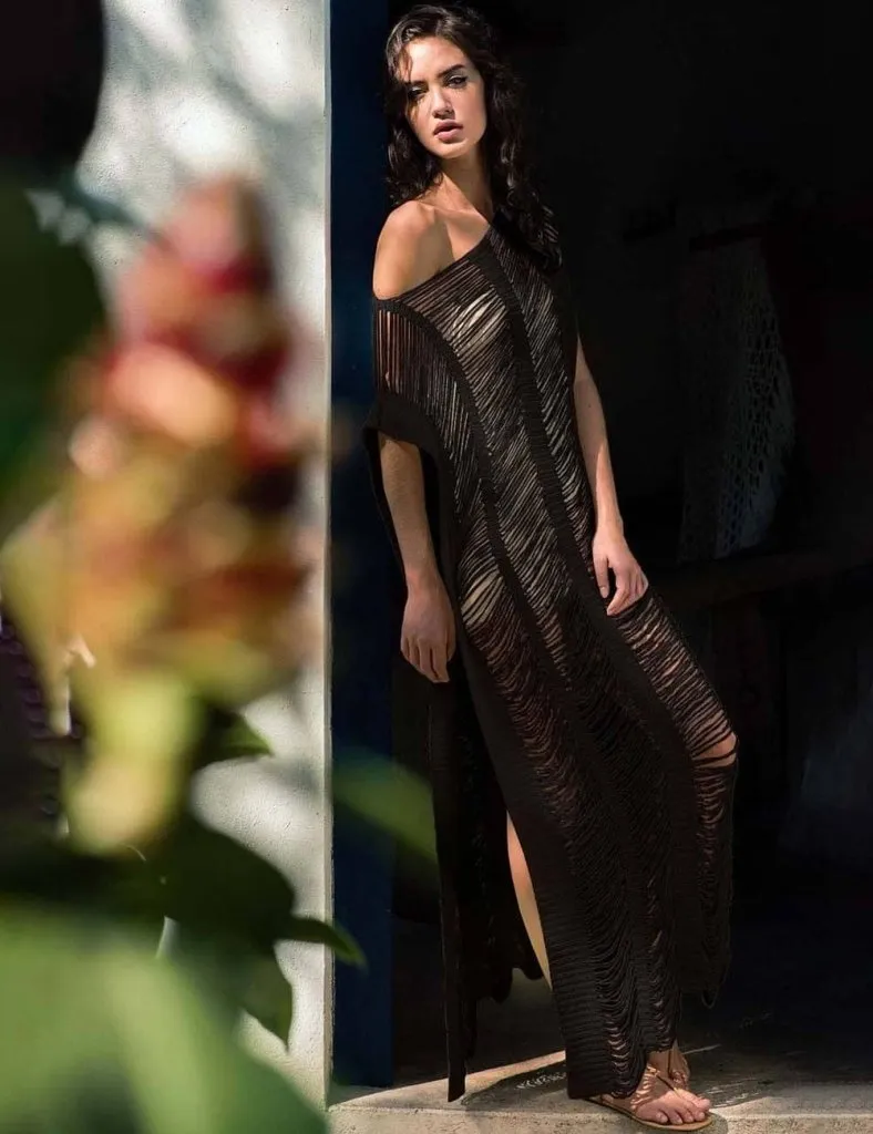 Side Split Swimsuit Long Black/White Crochet Dress