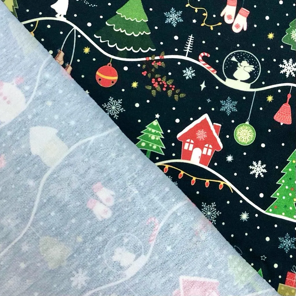 Snowy Christmas on Midnight French Terry Fabric