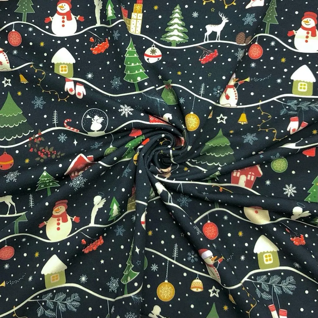 Snowy Christmas on Midnight French Terry Fabric