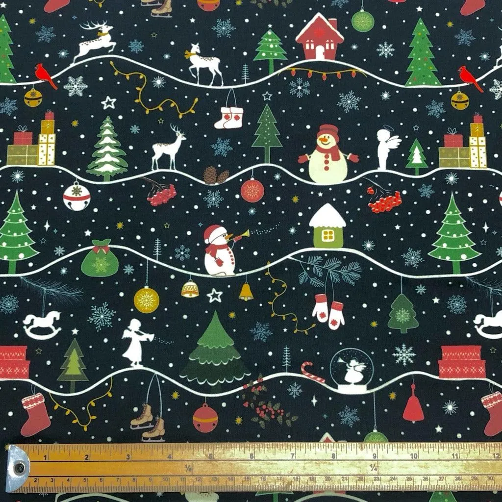 Snowy Christmas on Midnight French Terry Fabric