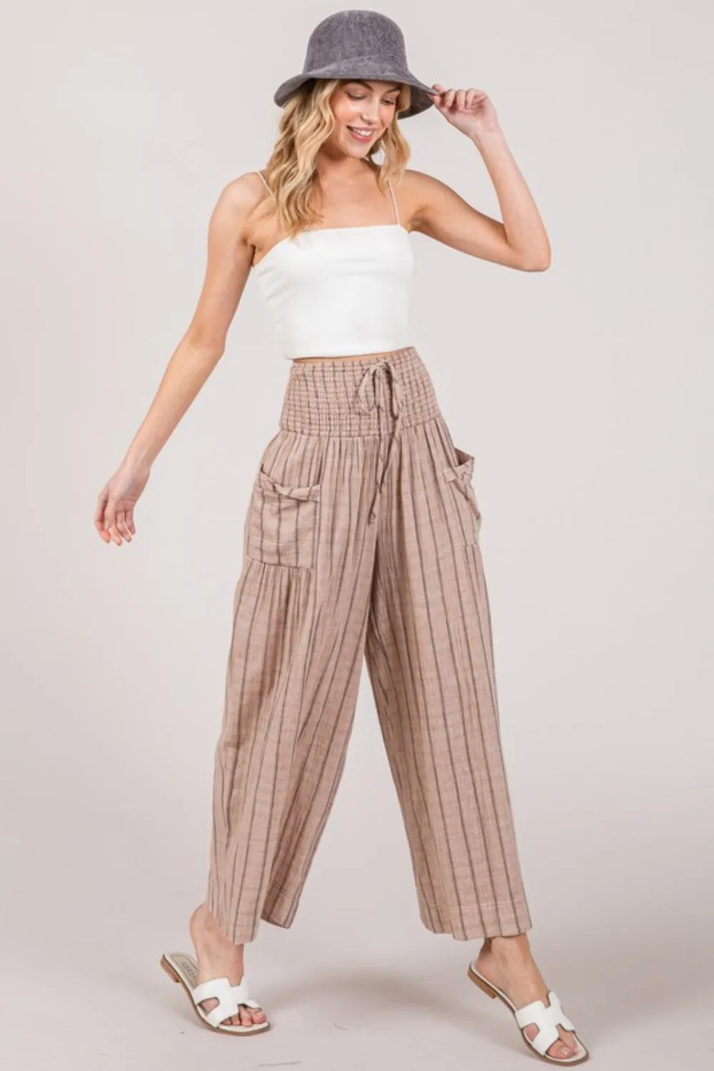Sophronia - Cotton Gauze Wash Stripe Pants - Mocha - Exclusively Online