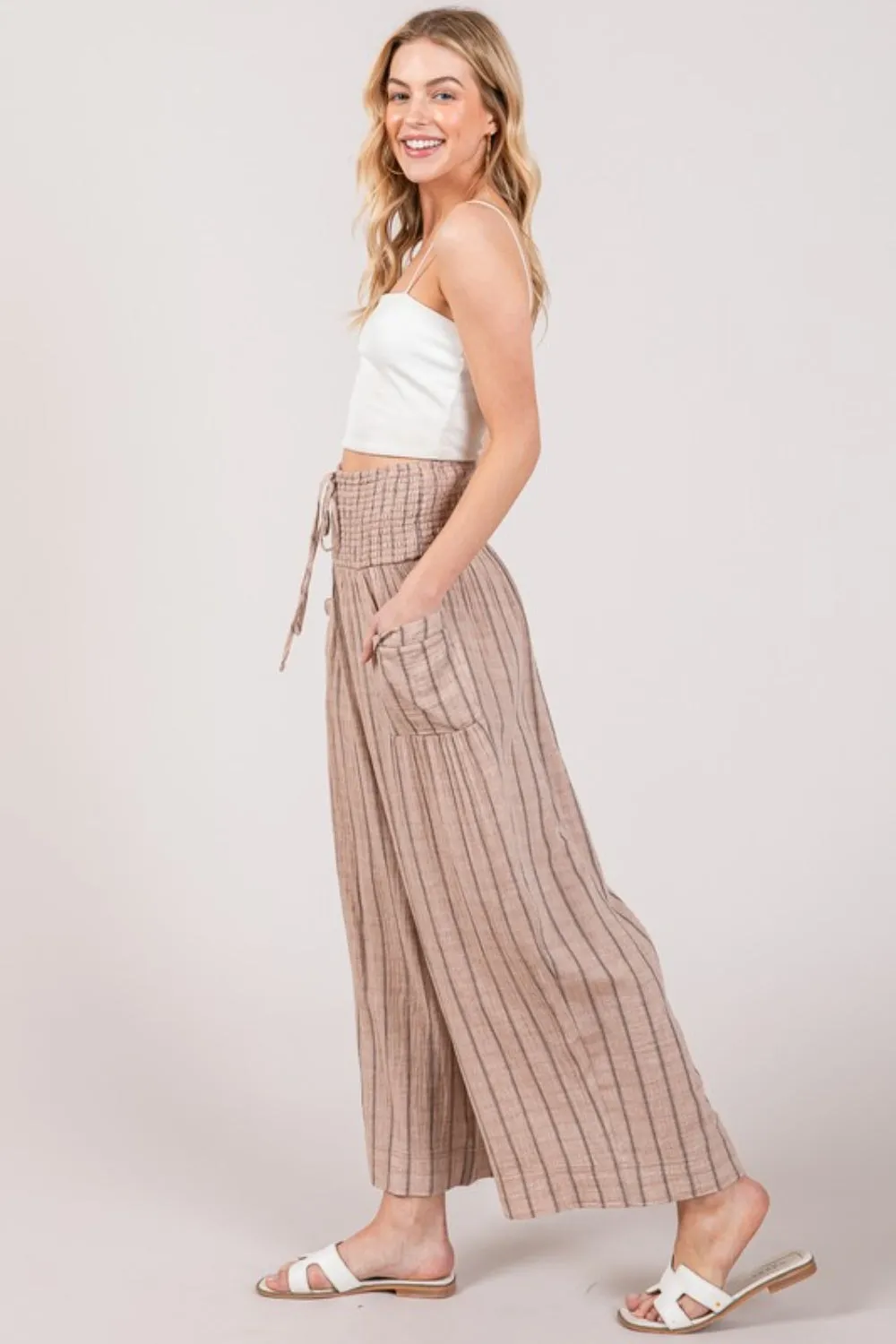 Sophronia - Cotton Gauze Wash Stripe Pants - Mocha - Exclusively Online