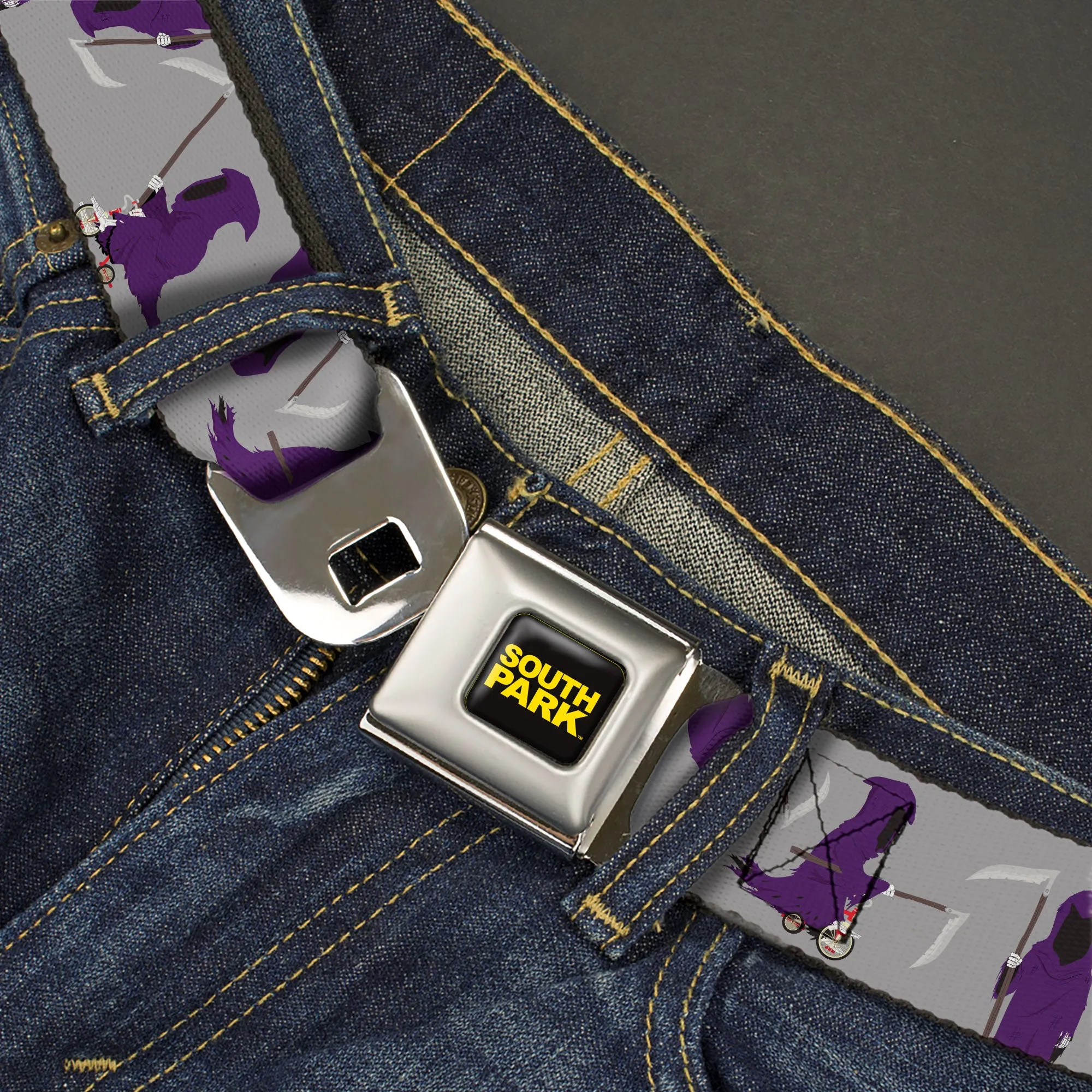 SOUTH PARK Title Logo Full Color Black/Yellow Seatbelt Belt - South Park Death Poses Scattered Gray Webbing