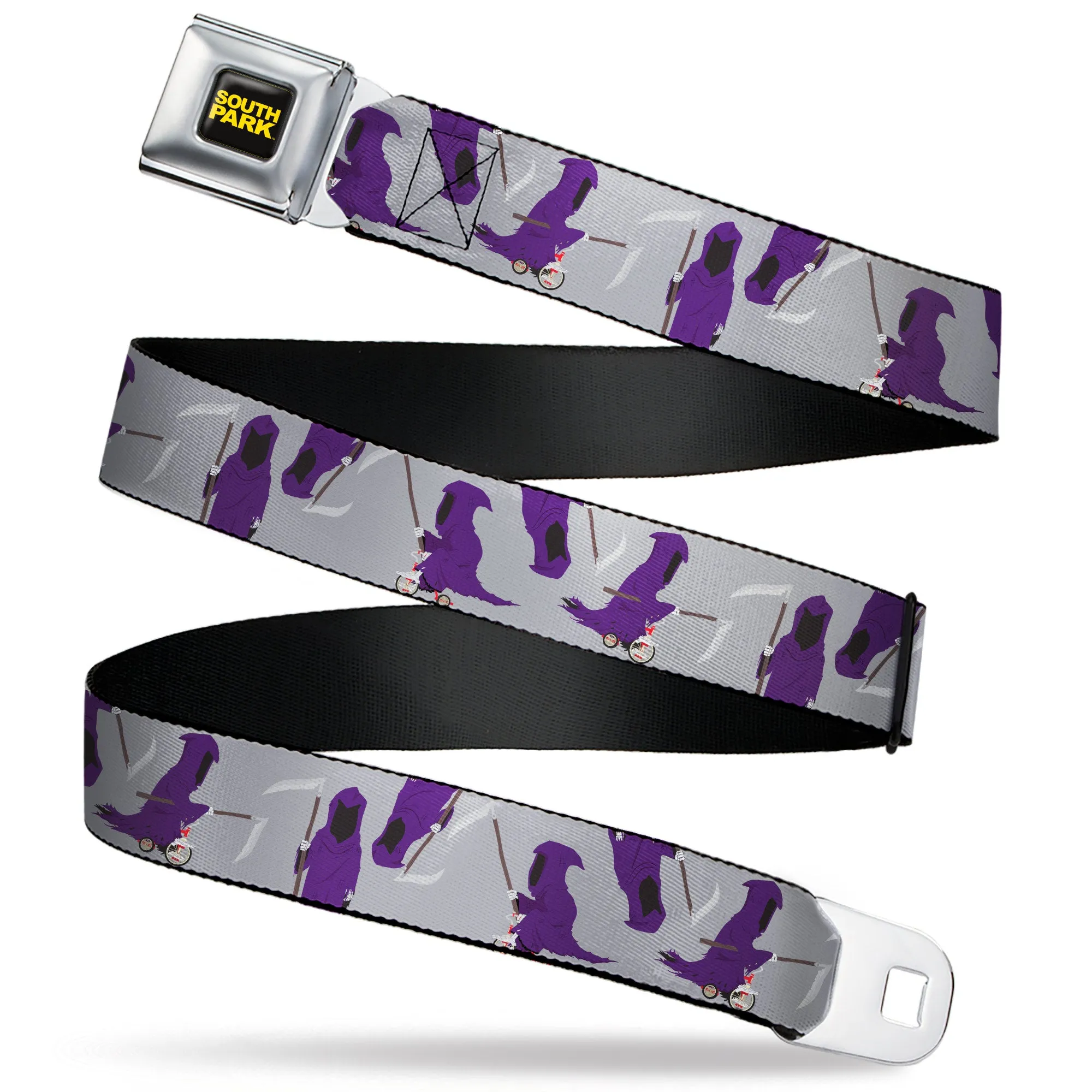 SOUTH PARK Title Logo Full Color Black/Yellow Seatbelt Belt - South Park Death Poses Scattered Gray Webbing