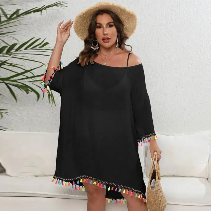 Tassel Beach Cover Up - Vibrant Solid Polyester Cover Up for a Stylish Beach Look