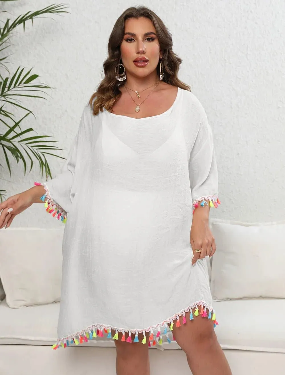 Tassel Beach Cover Up - Vibrant Solid Polyester Cover Up for a Stylish Beach Look