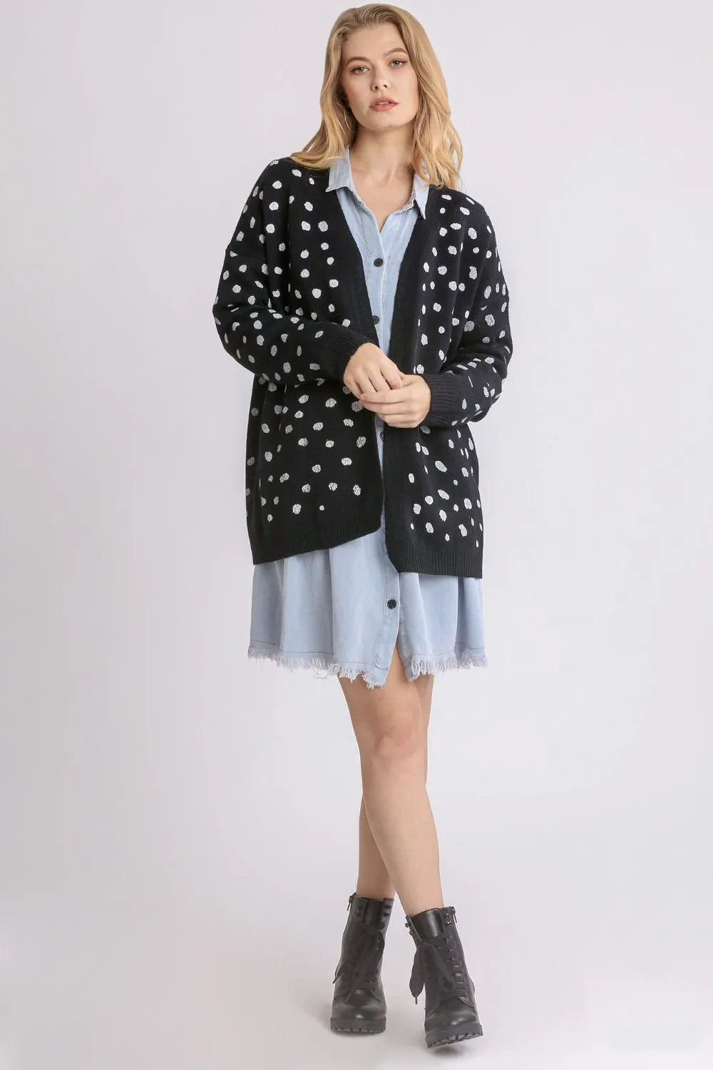 Umgee Black Dalmatian Hand Stamped Open Front Cardigan