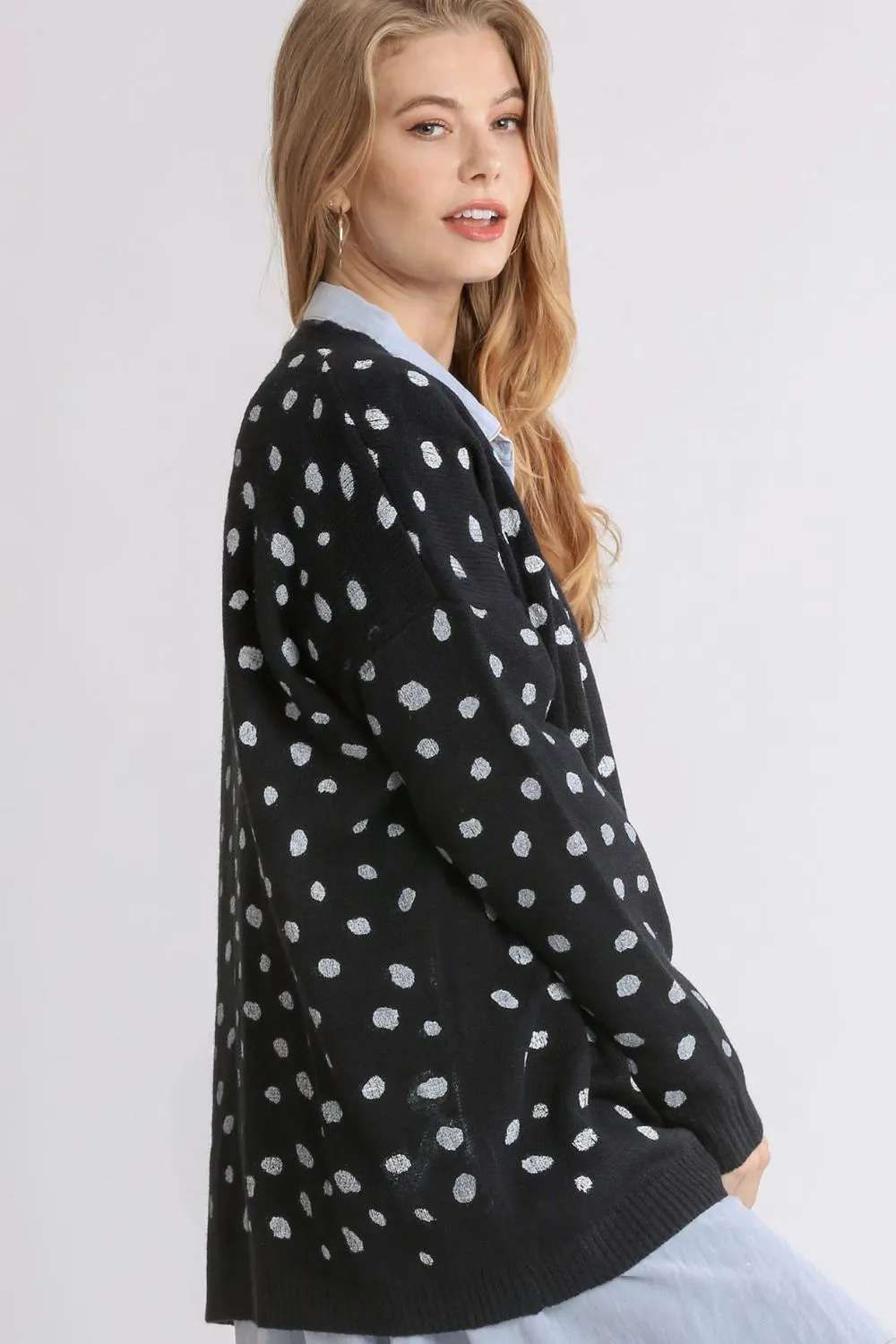Umgee Black Dalmatian Hand Stamped Open Front Cardigan