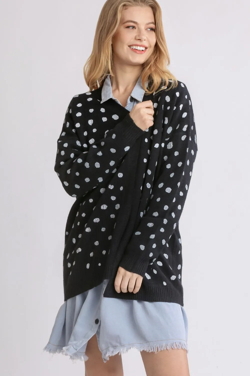 Umgee Black Dalmatian Hand Stamped Open Front Cardigan