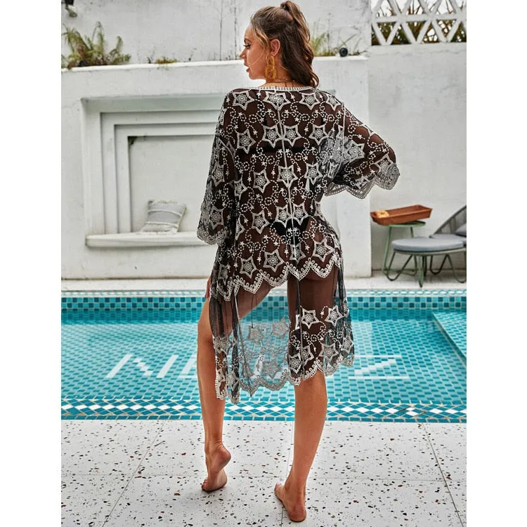 VenusFox Beach Dress 2021 New Kimonos Beachwear Hand-Woven Solid Color Women Swimwear For Bikini Cover Up
